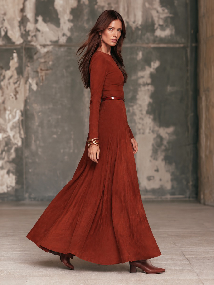 Rosalba | Abito Maxi in Suede con Scollo a V e Cintura, Ruggine