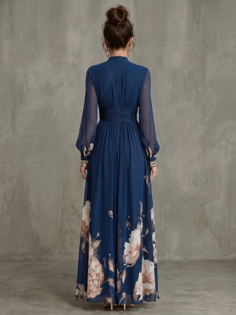 Zelia | Abito maxi con maniche plissettate trasparenti