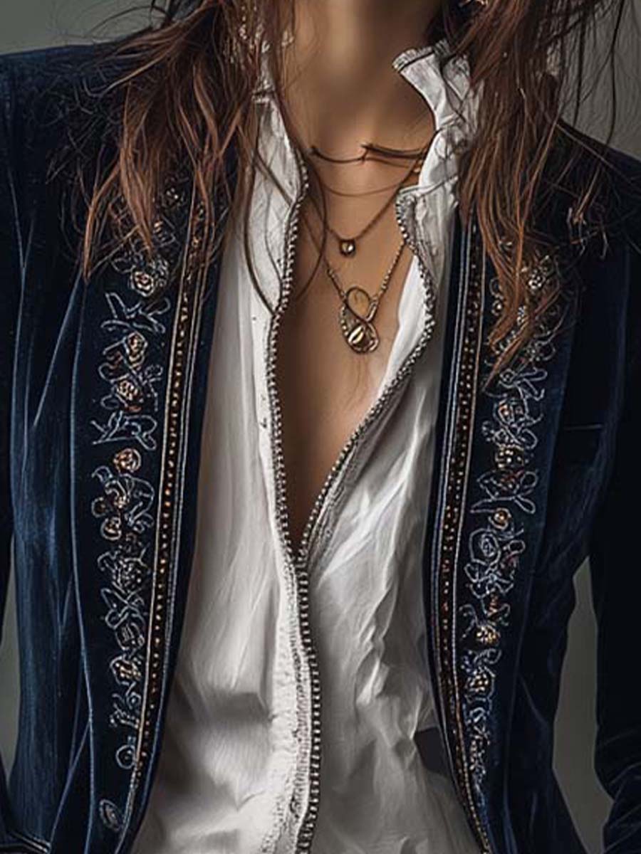Atena | Giacca lunga vintage ricamata blu navy