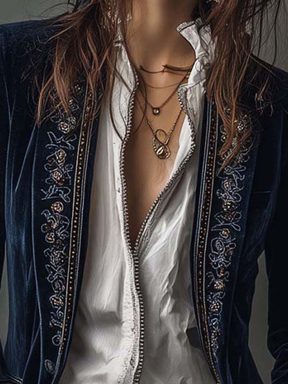 Atena | Giacca lunga vintage ricamata blu navy