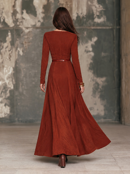 Rosalba | Abito Maxi in Suede con Scollo a V e Cintura, Ruggine
