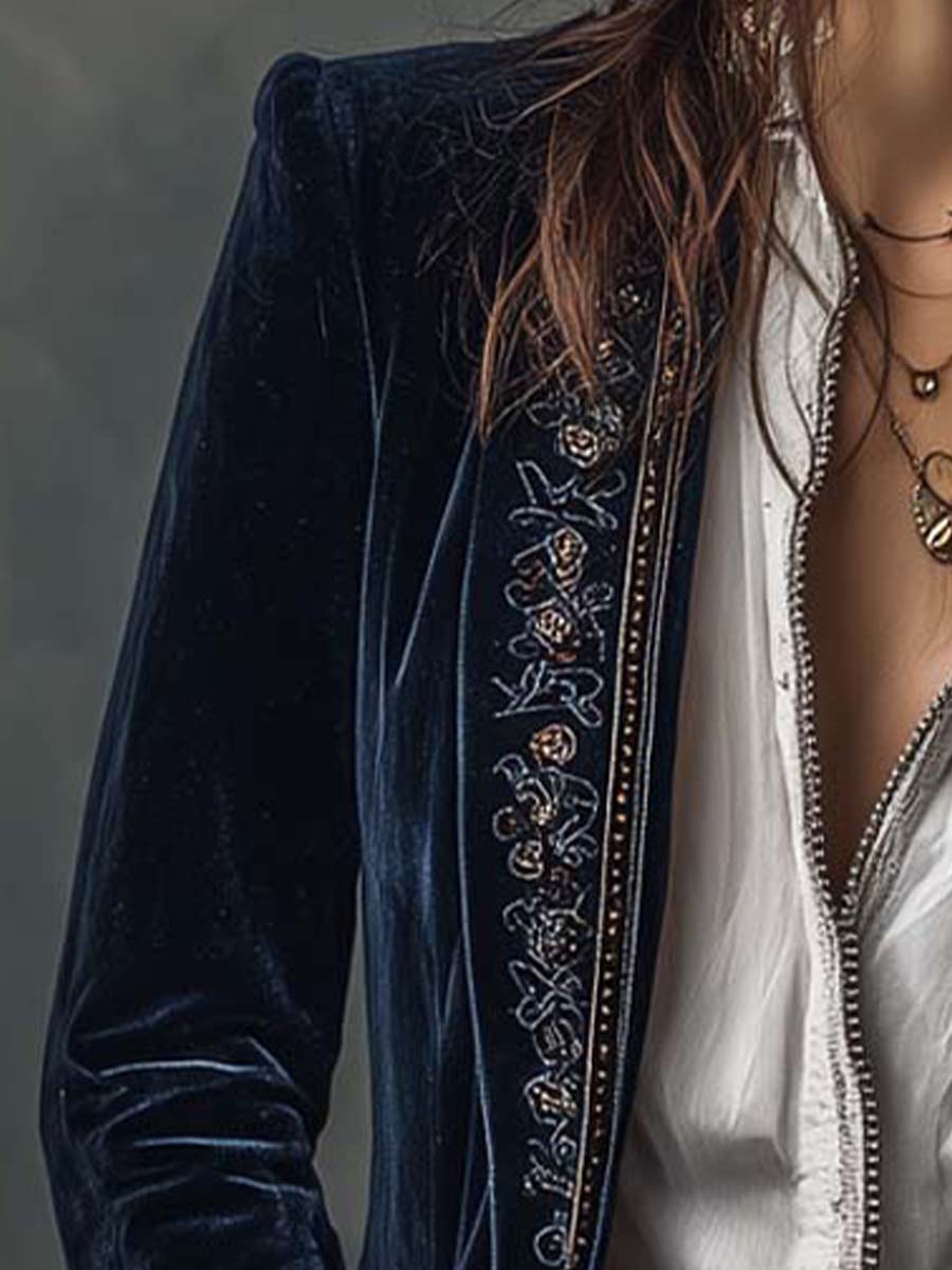 Atena | Giacca lunga vintage ricamata blu navy