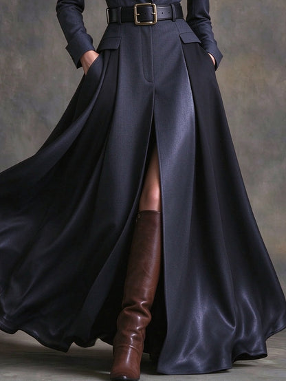 Azzurra | Maxikleid im Western-Stil mit Revers und Gürtel, Marineblau
