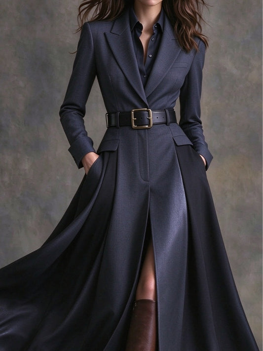 Azzurra | Abito Maxi con Revers in Stile Western e Cintura, Blu Navy
