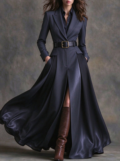 Azzurra | Maxikleid im Western-Stil mit Revers und Gürtel, Marineblau