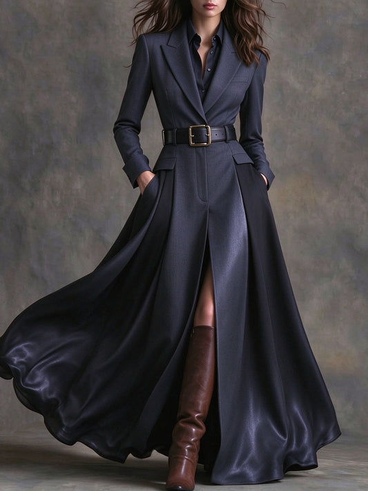 Azzurra | Maxikleid im Western-Stil mit Revers und Gürtel, Marineblau