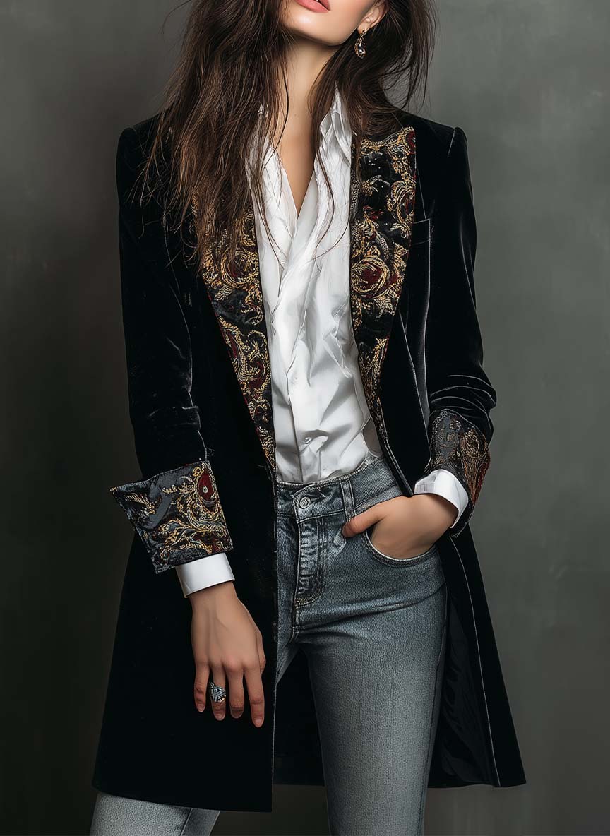 Leontina | Blazer sagomato nero con stampa barocca