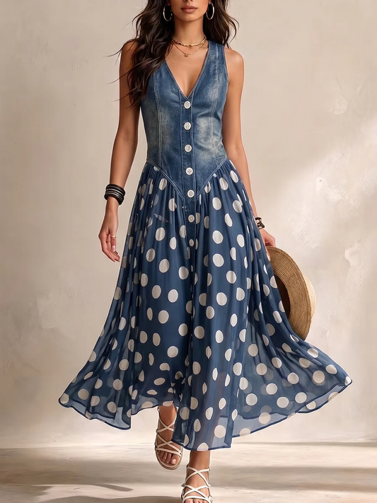 Adalgisa | Abito Lungo Effetto Jeans a Pois