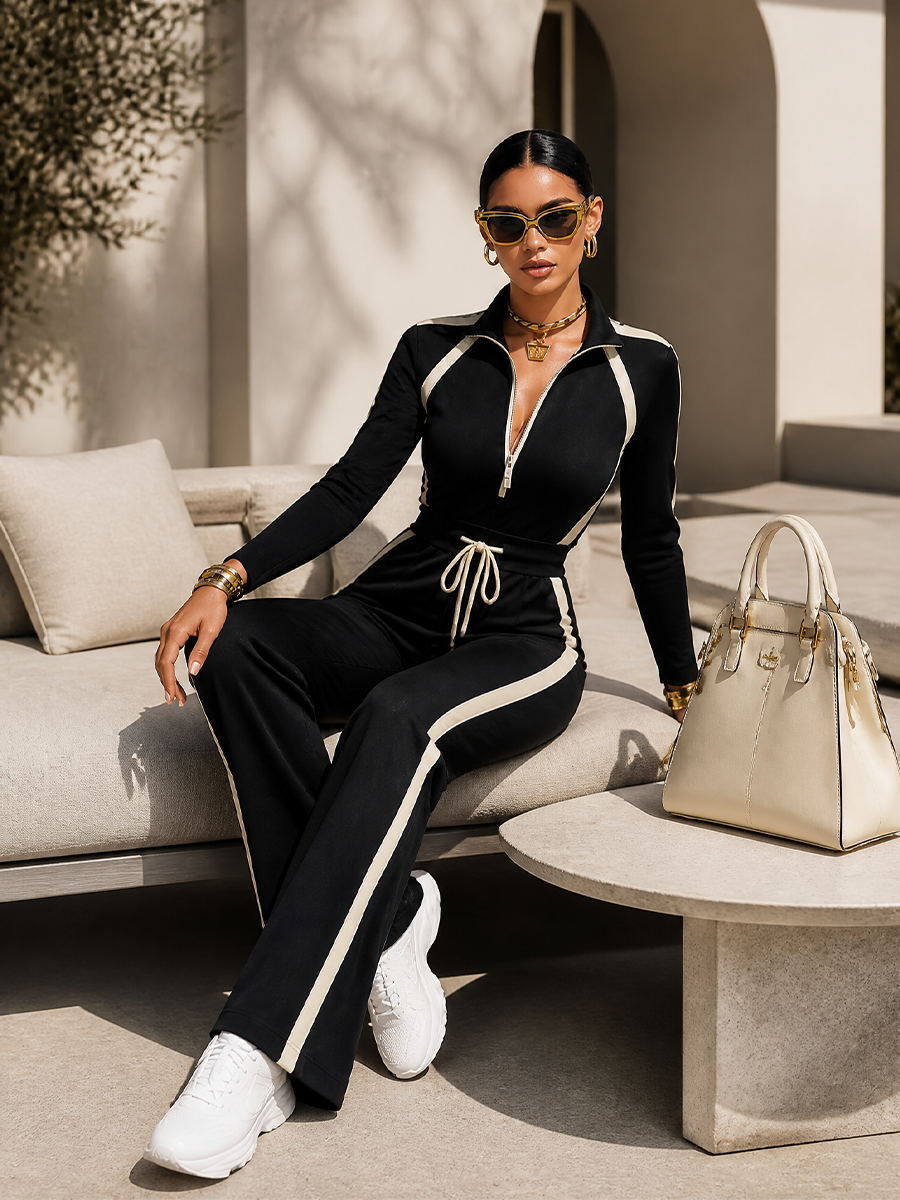 Doriana | Completo Sportivo con Bande a Contrasto e Mezza Zip, Nero