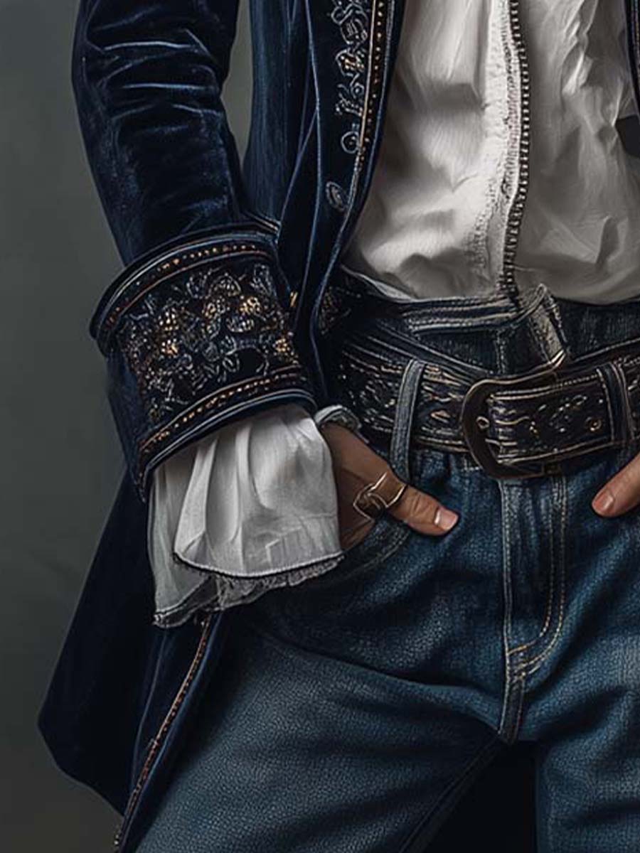 Atena | Giacca lunga vintage ricamata blu navy