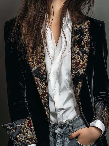 Leontina | Blazer sagomato nero con stampa barocca