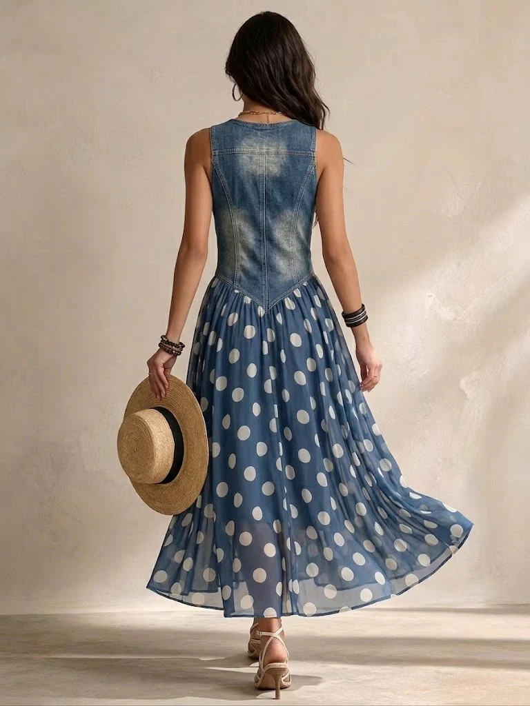 Adalgisa | Abito Lungo Effetto Jeans a Pois