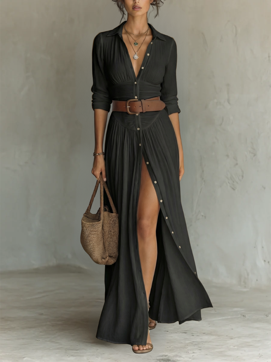 Valeria | Abito maxi con collo a revers e maniche lunghe