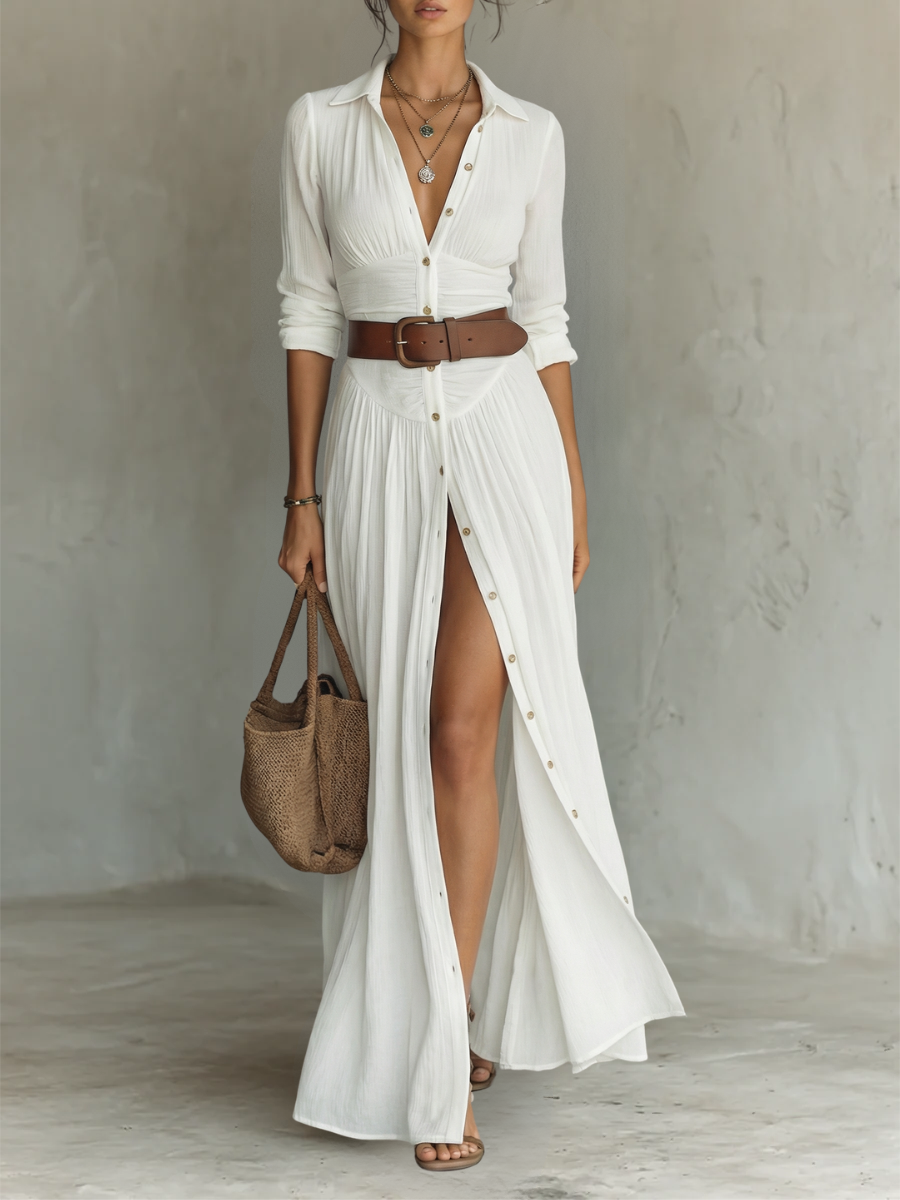 Valeria | Abito maxi con collo a revers e maniche lunghe