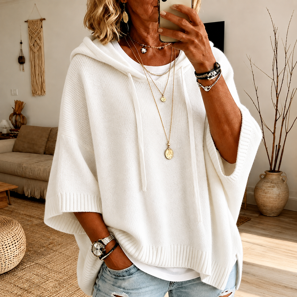 Gianna | Maglione a Poncho con Cappuccio, Bianco