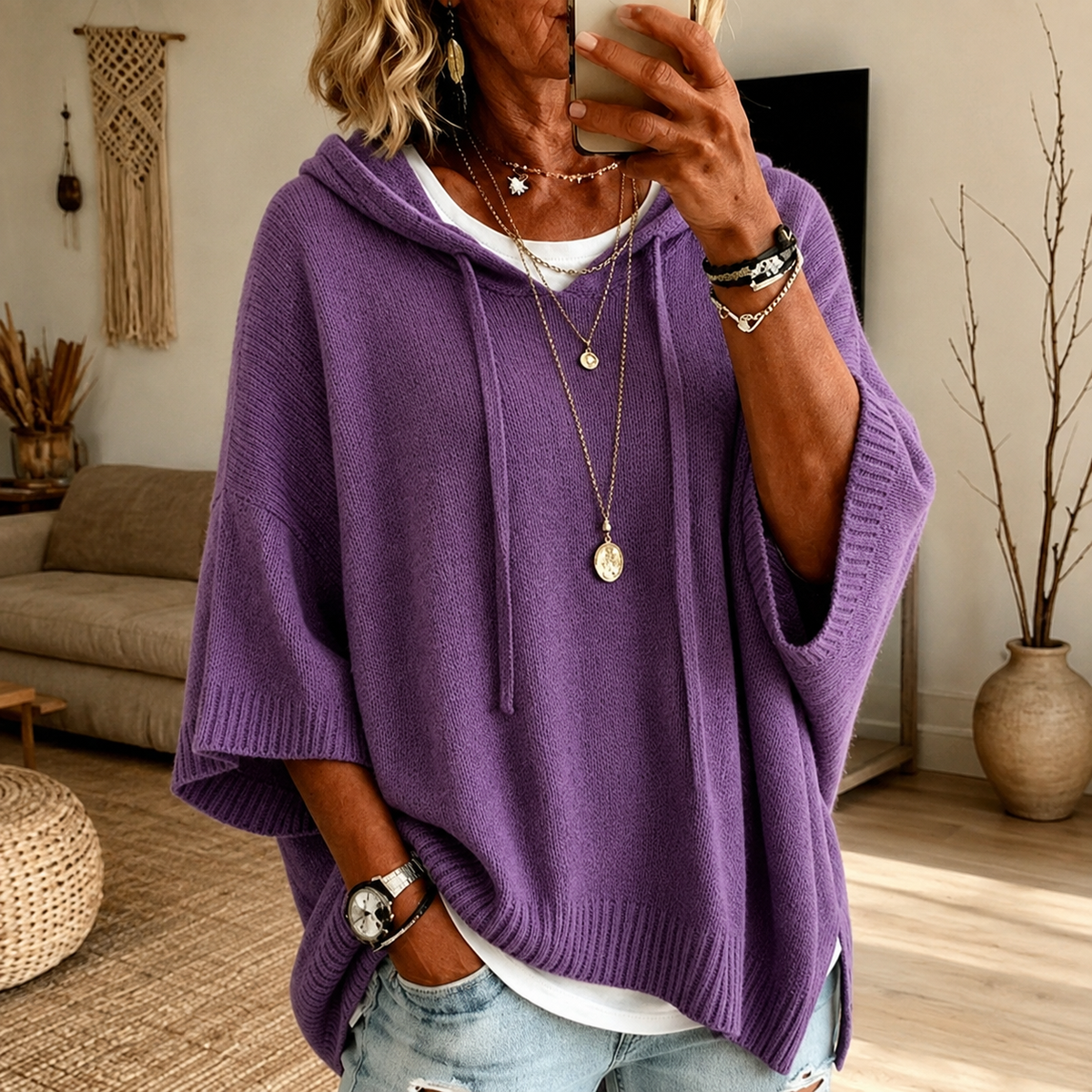 Lidia | Maglione a Poncho con Cappuccio, Viola