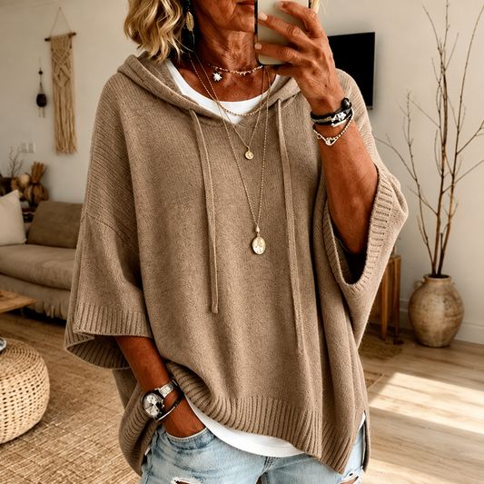 Mariangela | Maglione a Poncho con Cappuccio, Tortora