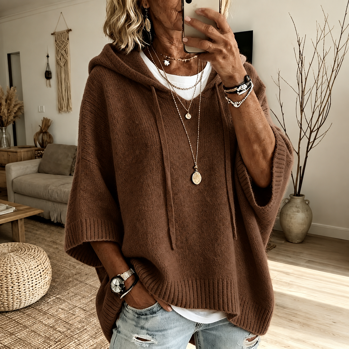 Lia | Maglione a Poncho con Cappuccio, Marrone
