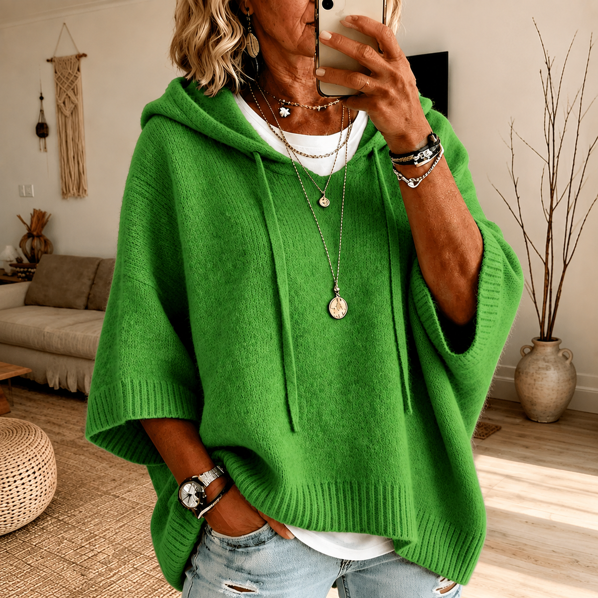 Margherita | Maglione a Poncho con Cappuccio, Verde
