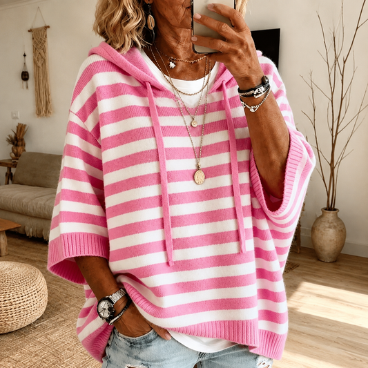 Emiliana | Maglione a Poncho a Righe con Cappuccio, Rosa