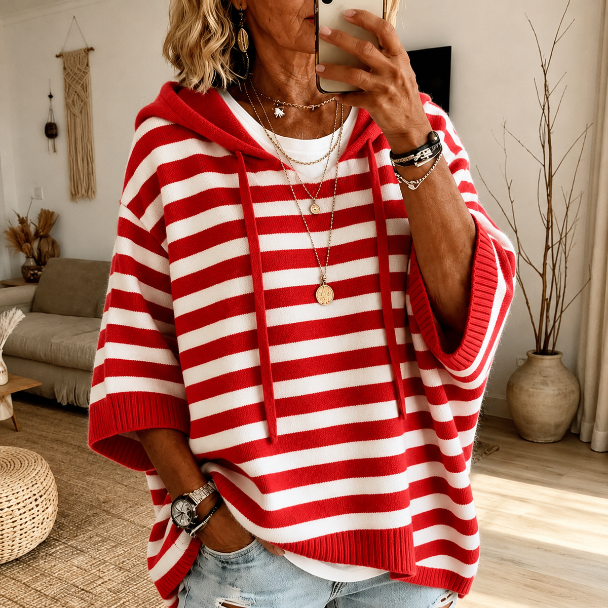 Carla | Maglione a Poncho a Righe con Cappuccio, Rosso