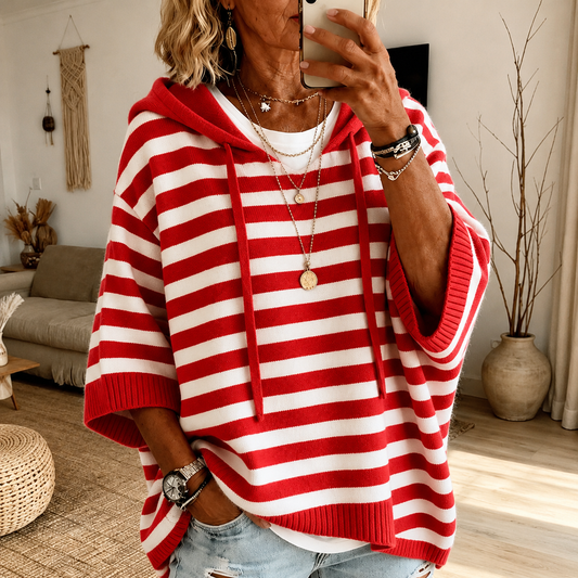 Carla | Maglione a Poncho a Righe con Cappuccio, Rosso