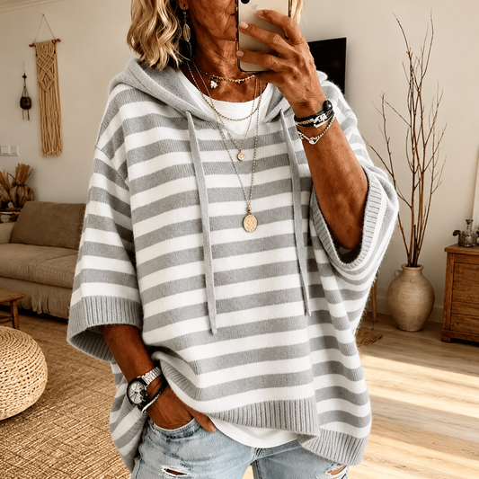 Selene | Maglione a Poncho a Righe con Cappuccio, Grigio