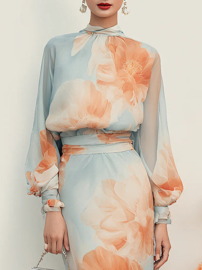 Emilia | Completo di due pezzi: top a collo alto e manica lunga con gonna floreale romantica
