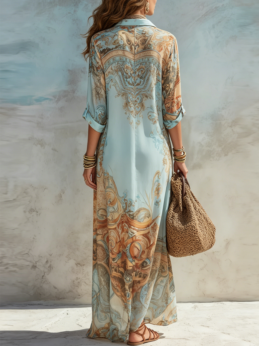Velia | Maxi-Hemdblusenkleid aus Chiffon mit Paisley-Print, Hellblau