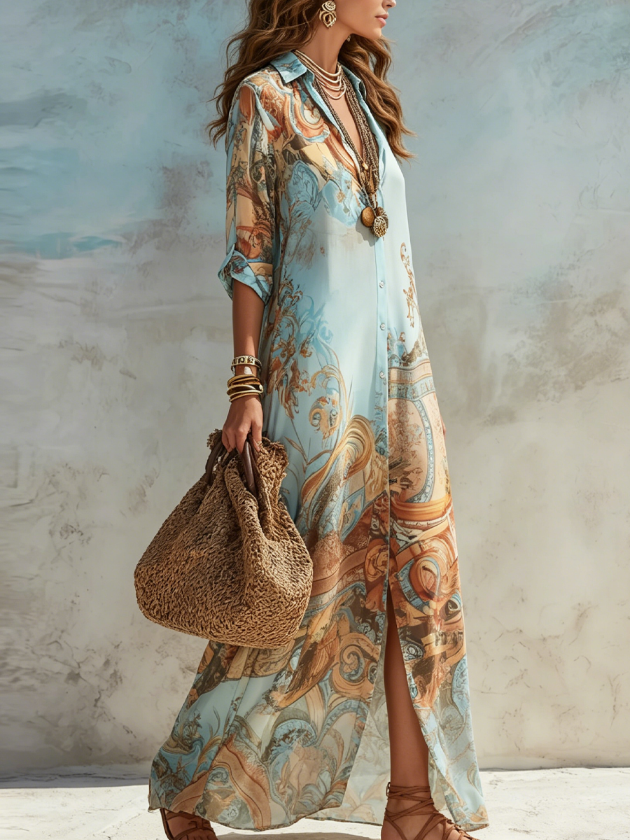 Velia | Maxi-Hemdblusenkleid aus Chiffon mit Paisley-Print, Hellblau