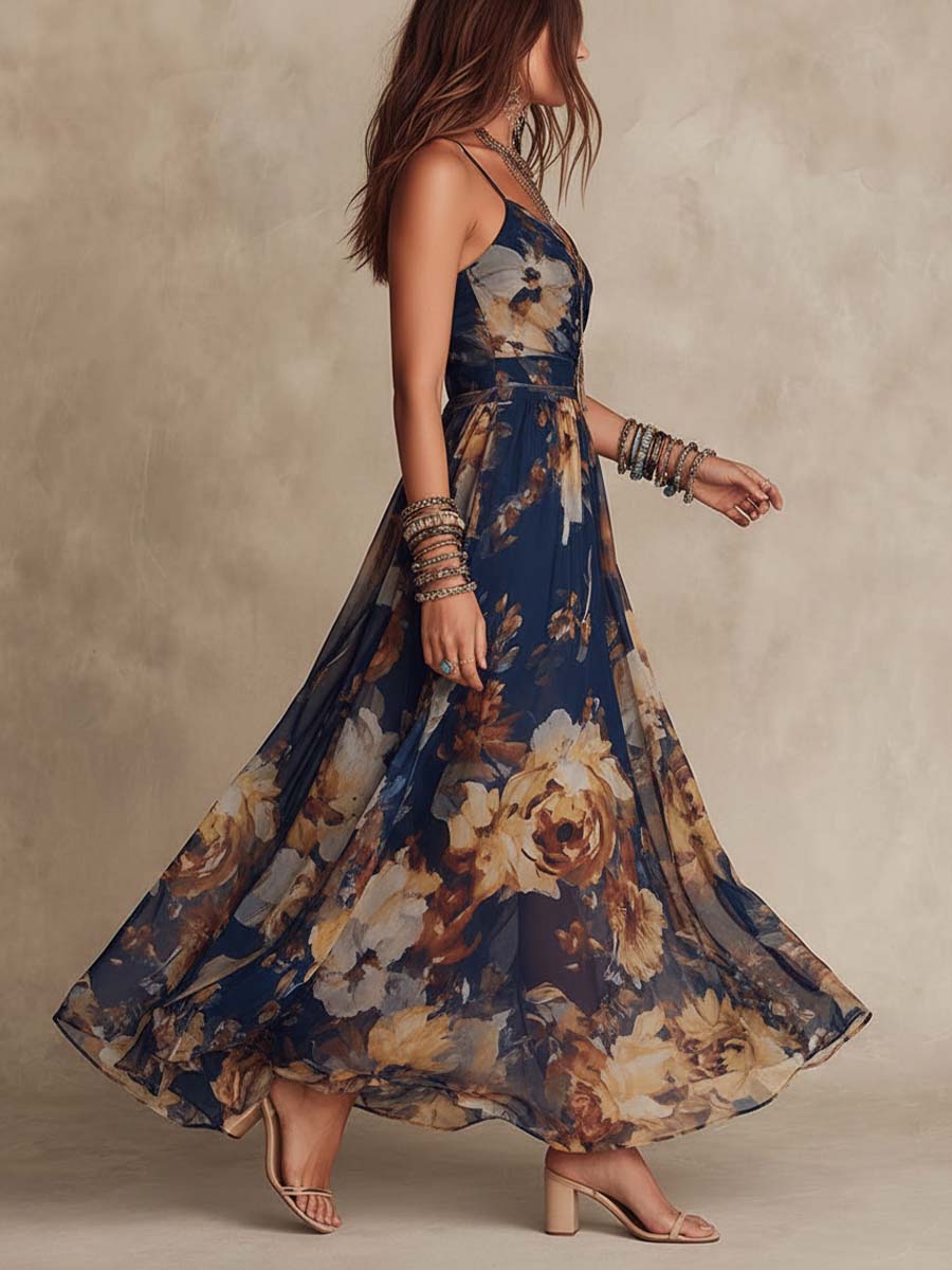 Melissa | Abito Maxi in Chiffon a Fiori con Spalline Sottili, Blu Navy