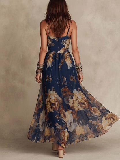 Melissa | Abito Maxi in Chiffon a Fiori con Spalline Sottili, Blu Navy
