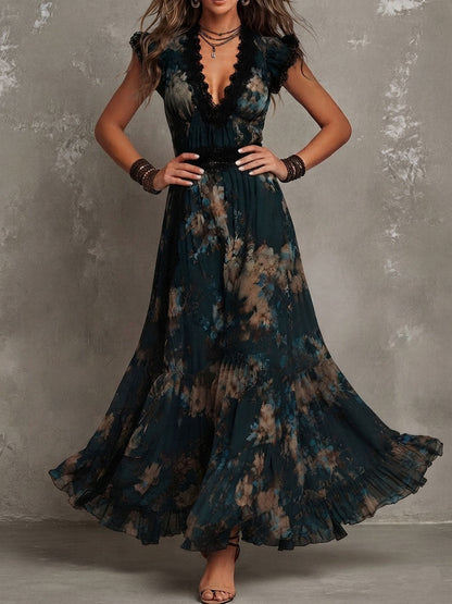 Lucia | Abito lungo in chiffon vintage verde scuro con pizzo floreale