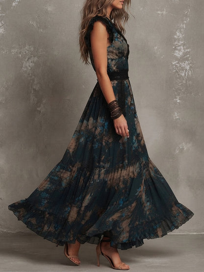 Lucia | Abito lungo in chiffon vintage verde scuro con pizzo floreale