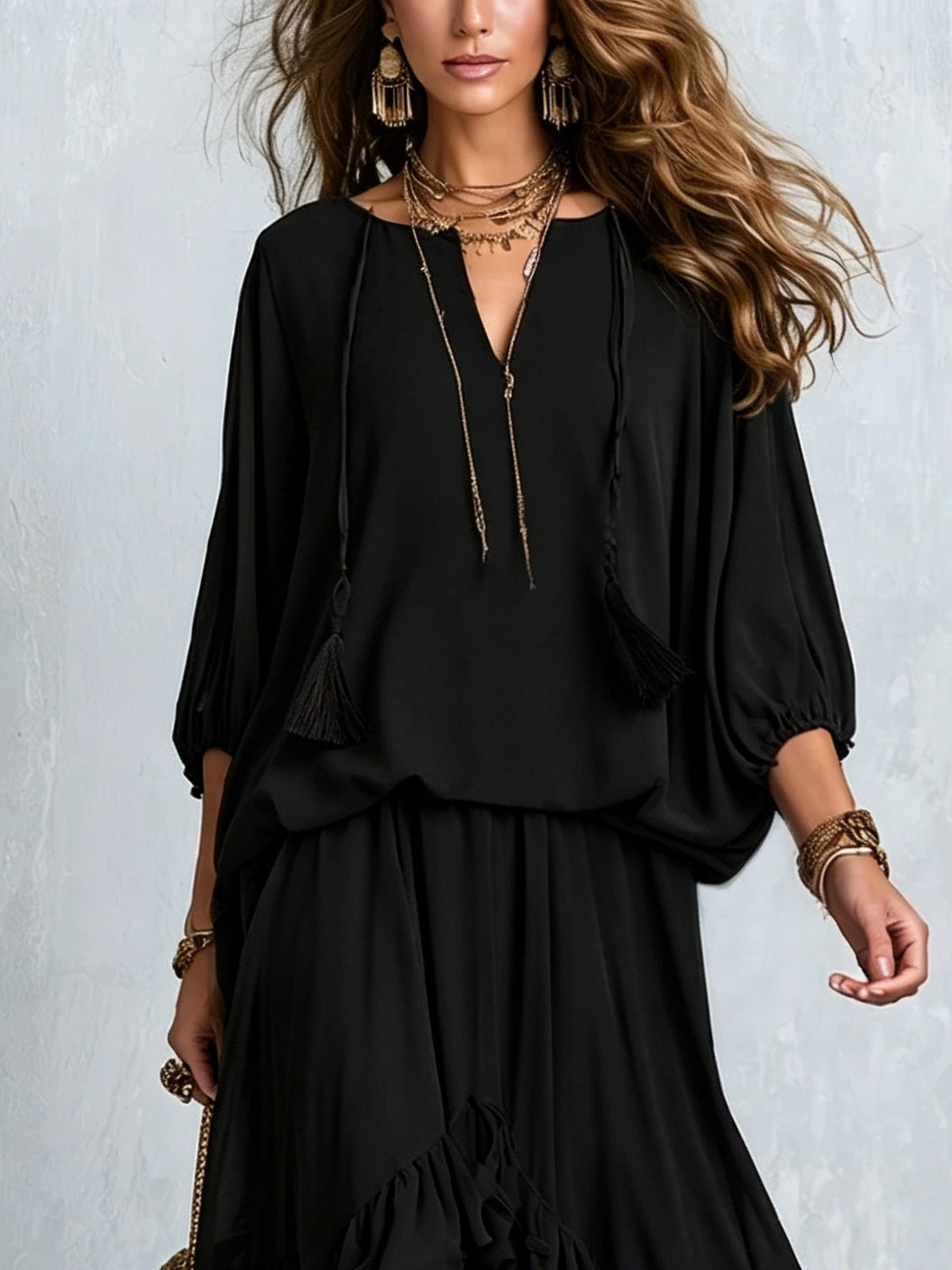 Annalisa | Completo Top in Chiffon e Gonna a Balze, Nero