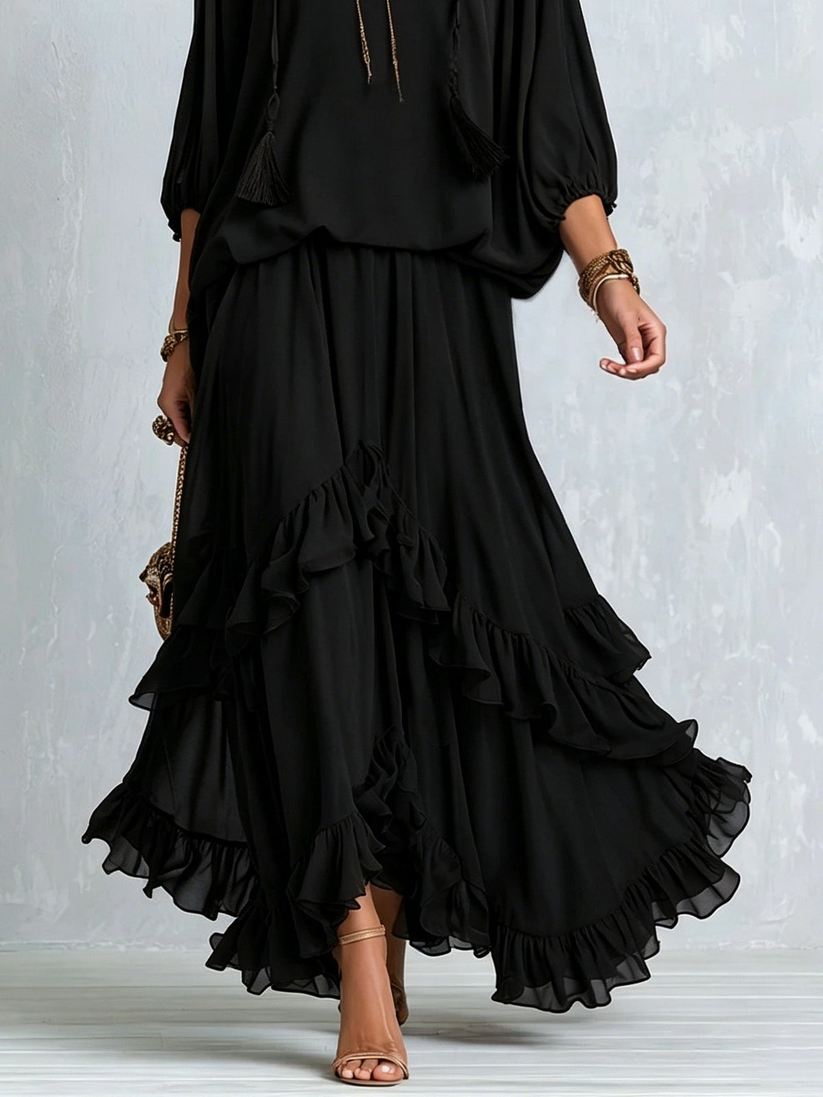 Annalisa | Completo Top in Chiffon e Gonna a Balze, Nero