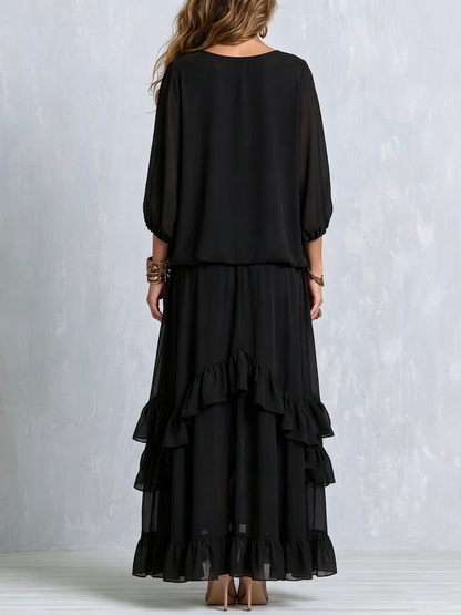 Annalisa | Completo Top in Chiffon e Gonna a Balze, Nero