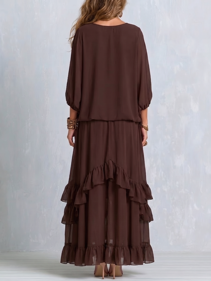 Dalila | Completo Top in Chiffon e Gonna a Balze, Cioccolato