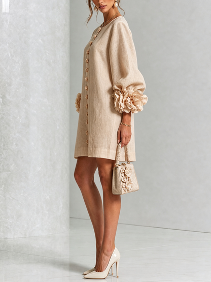 Ambra | Miniabito beige in misto lino con polsini a rosa