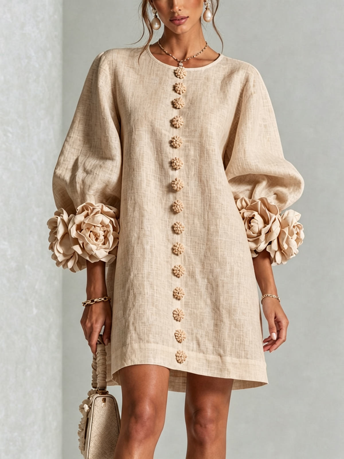 Annabella | Mini Abito in Misto Lino con Polsini Rosa, Beige