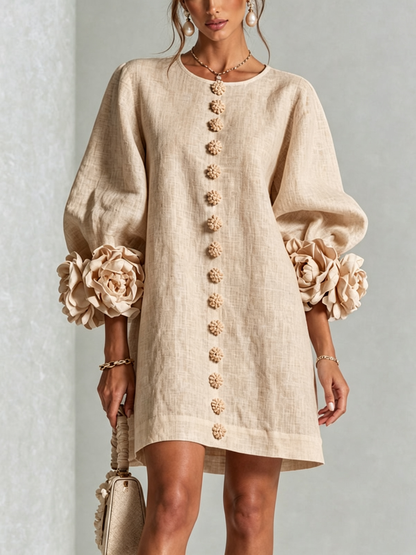 Ambra | Miniabito beige in misto lino con polsini a rosa