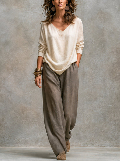 Ludovica | Completo Tre Pezzi Effetto Lino con Pantalone Ampio