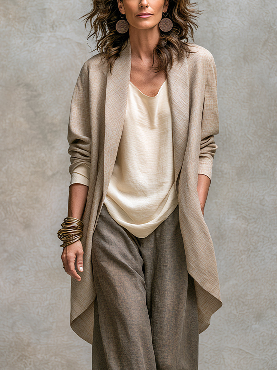 Costanza | Completo Elegante di Tre Pezzi in Beige e Grigio con Pantaloni Palazzo a Strati