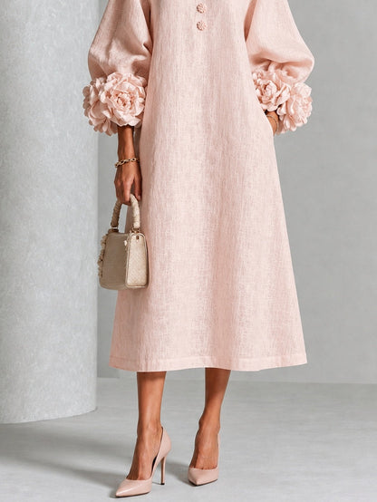 Gelsomina | Abito Midi Floreale Rosa con Bottoni e Maniche Fantasia