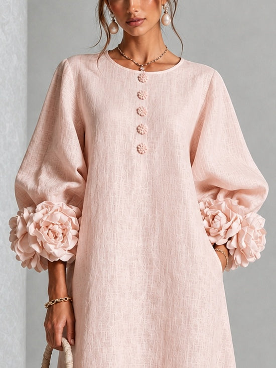 Eglantina | Abito midi floreale rosa con bottoni e maniche fantasia