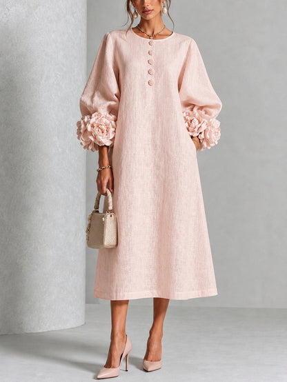 Gelsomina | Abito Midi Floreale Rosa con Bottoni e Maniche Fantasia