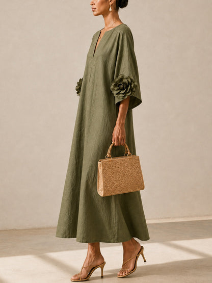 Floriana | Abito Midi con Fiori Applicati sulle Maniche, Verde Oliva