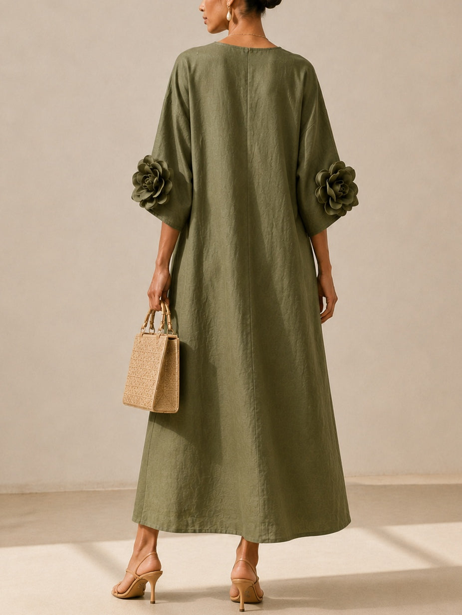Floriana | Abito Midi con Fiori Applicati sulle Maniche, Verde Oliva