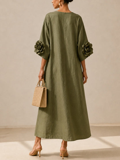 Floriana | Abito Midi con Fiori Applicati sulle Maniche, Verde Oliva