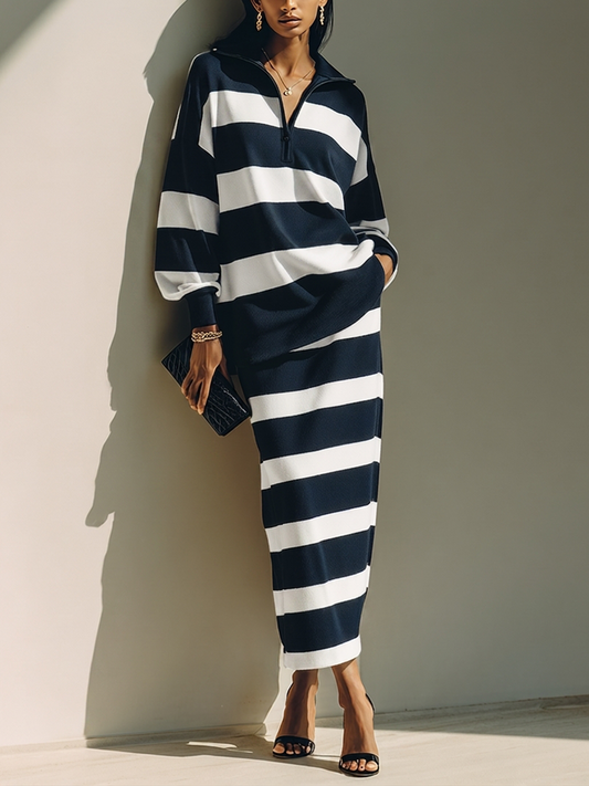 Diletta | Gestreiftes Set mit Half-Zip-Oberteil und Midirock